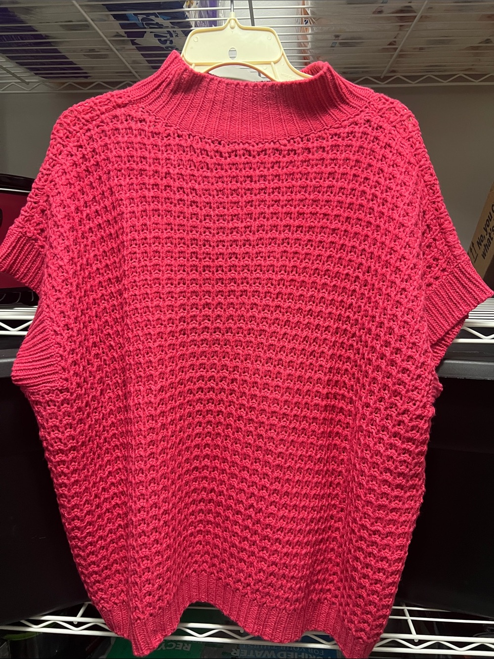 Women’s Hot Pink Waffle Knit Short Sleeve Poncho Sweater